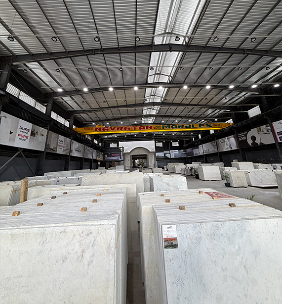 Navratan Marbles factory and processed marble slabs
